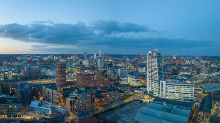 Leeds City Centre and Bridgewater Place looking towards the train station. Yorkshire Northern England United Kingdom.	Aerial view of Leeds Skyline. 