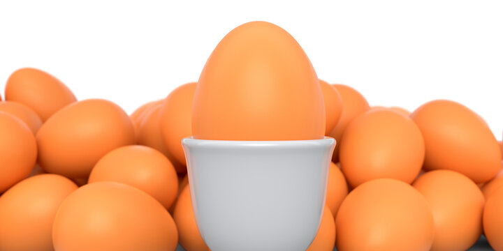 Farm brown painted egg in ceramic egg cup and crowd of eggs on white background