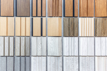 Samples of wood colors in the catalog. Modern materials for decoration and interior design. Front view.