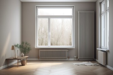 Interior of minimalist style room with window and radiator, Generative AI