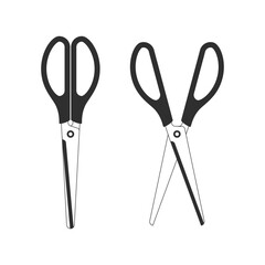 Set of black scissors with plastic handles, isolated on white background. Vector illustration in flat style. Sharp Scissor open and closed. EPS 10.