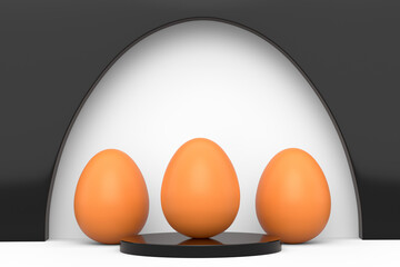 Farm brown egg on podium and crowd of eggs standing in line on white background