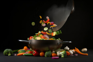 A wok cooking fresh stir fry vegetables. Generative ai - obrazy, fototapety, plakaty