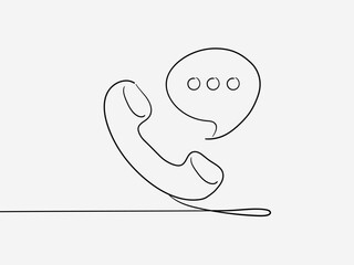 Handset in the cloud of dialogue line art vector illustration. Continuous one line drawing cell phone. Incoming call notification outline. 