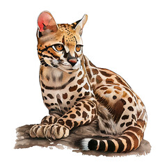 Ocelot illustration watercolor with transparent background. Generative AI