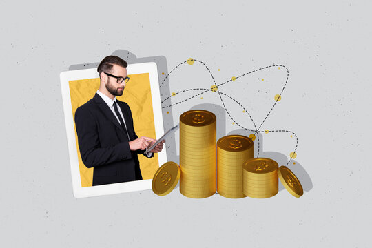 Trend pop poster banner collage of economist guy using tablet analyze bitcoin financial increase growth