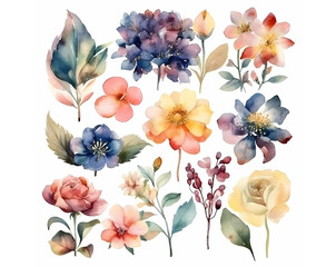 Set collection of hand-painted watercolor flowers prepared for graphic designers, with vivid colors. It's perfect for designing wedding invitations or social media posts. Isolated on white background.