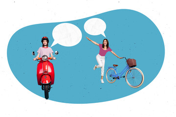 Photo collage of two girls speaking each other dialogue information riding retro moped old bicycle...