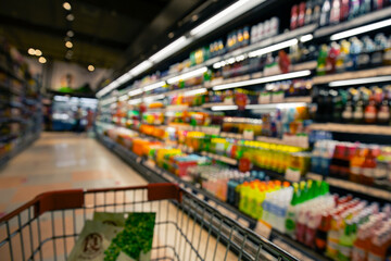 Defocused blur put on the at alcohol drink products in supermarket