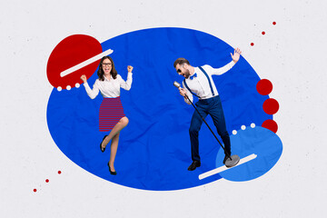 Template image collage of happy young lady businesswoman enjoy corporate occasion with rock star...