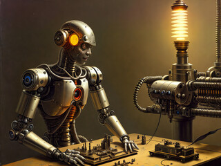 a robot working with 18th century equipment, generative ai