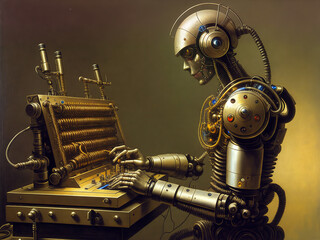 a cyborg robot working with mechanical switchboard equipment, generative ai