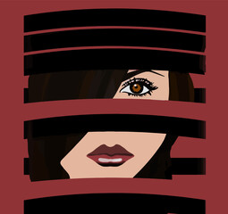 A brunette, brown eyed beautiful woman is seen framed through a design in a modern vector image.