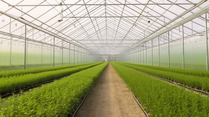 Obraz premium green crops in a modern greenhouse, Generative AI