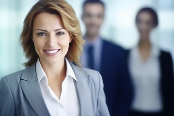 A picture of a happy businesswoman smiling at the camera with blurred scenes of offices and people. AI-generated images