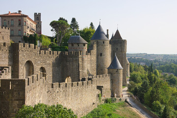 walls and towers of medieval castle Carcassone, France 