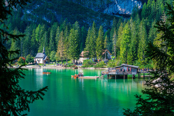Naklejka premium Dream Dolomites. Reflections on Lake Braies.