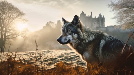 Golden Hours with a Fierce Grey Wolf: Majestic Head Shot against Old Castle and Misty Hills, in a Scenic Wilderness Portrait - Canis Lupus, Alpha Predator of Historic Ruins Medieval, generative ai