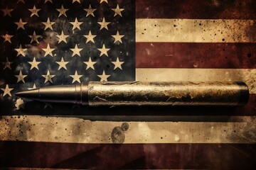 Single bullet on an old grungy US flag, Generative AI