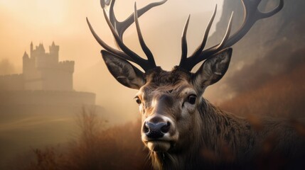 portrait head shot of a deer with an old castle at background, misty hills smokes, golden hours, generative ai