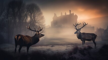 portrait head shot of a deer with an old castle at background, misty hills smokes, golden hours, generative ai