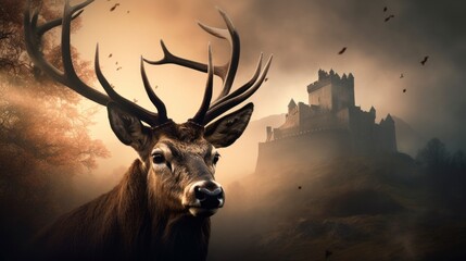 portrait head shot of a deer with an old castle at background, misty hills smokes, golden hours, generative ai