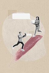 Vertical photo collage illustration of busy people guy girl working on project together on meeting...