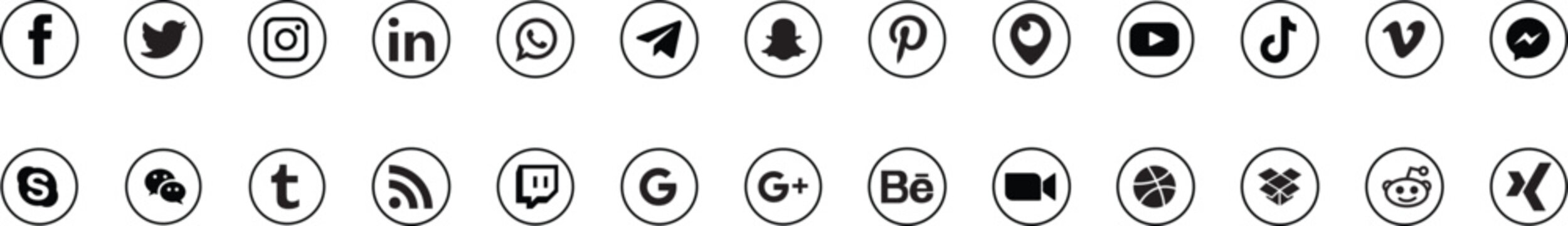 Sets of social media icons with rounded design on transparent background. Vector editorial	