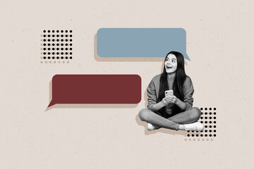Artwork collage image of cheerful astonished black white gamma girl use smart phone empty space...
