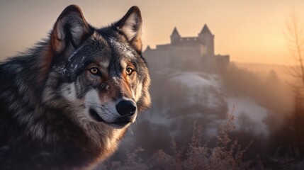 Golden Hours with a Fierce Grey Wolf: Majestic Head Shot against Old Castle and Misty Hills, in a Scenic Wilderness Portrait - Canis Lupus, Alpha Predator of Historic Ruins Medieval generative ai