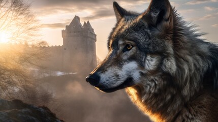 Fototapeta premium Golden Hours with a Fierce Grey Wolf: Majestic Head Shot against Old Castle and Misty Hills, in a Scenic Wilderness Portrait - Canis Lupus, Alpha Predator of Historic Ruins Medieval generative ai