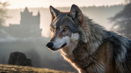 Obraz premium portrait head shot of a grey wolf with an old castle at background, misty hills smokes, golden hours, generative ai