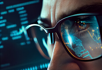 illustration of man glasses close up looking at chart graph on the screen in data centre. AI - obrazy, fototapety, plakaty
