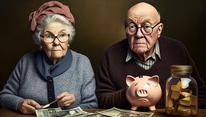 Fototapeten Rentner Paar Ehepaar sitzt vor einem Sparschwein Ruhestand Rentenerhöhung und Wohlstand Altersvorsorge symbolisch dargestellt Generative AI  © Imagecreator