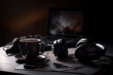Fototapeta na wymiar Still life of black coffee, headphones and laptop, Generative AI