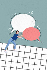 Vertical collage image of impressed funky mini girl hands push big empty space dialogue bubble...
