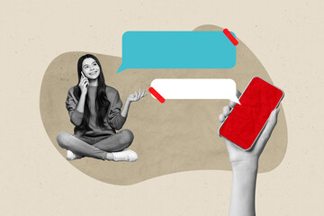 Creative collage picture of mini black whit effect girl speak big arm hold empty space smart phone...
