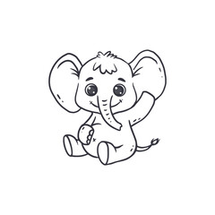 Funny cartoon baby elephant.Black and white vector illustration for a coloring book.Vector illustration