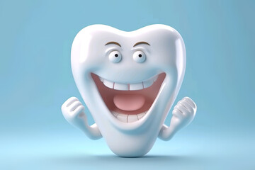 3D realistic happy white tooth , Tooth cartoon characters with thumbs up on bright background , Cleaning and whitening teeth concept, medicine.  ai generated.
