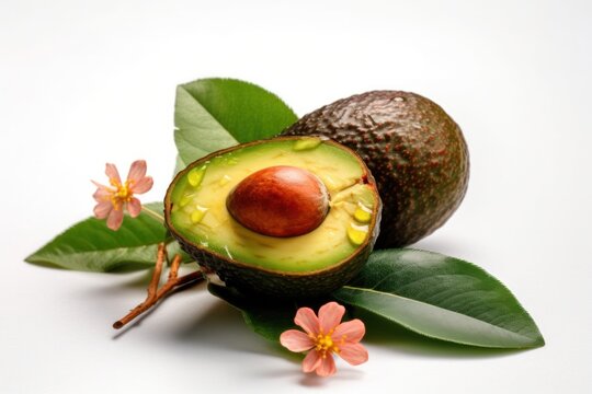 Avocado con fiori su sfondo bianco, chiaro.