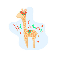 Hand drawn print with a cute cartoon giraffe and text Hi summer. Use this vector illustration as a greeting card, clothes or other print.