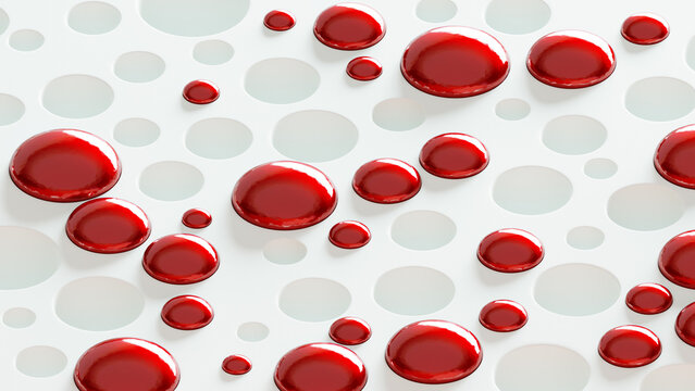 Abstract white background with empty cells and cells filled with red blood drops. Blood tests, donation. 3d render illustration.