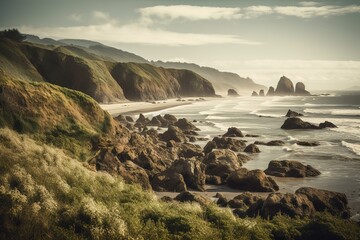 Fototapeta na wymiar Oregon Coast Nature landscape rugged shoreline hill at Cannon Beach, Generative AI