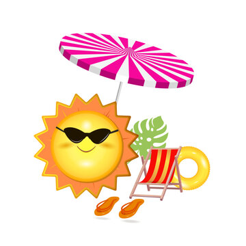 Smiley face of the happy sun with an umbrella.
 3d vector image isolated on a white background.
