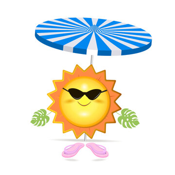 Smiley face of the happy sun with an umbrella.
 3d vector image isolated on a white background.