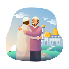 muslims hugging and wishing each other according to pray, eid al fitr vector, ramadan kareem