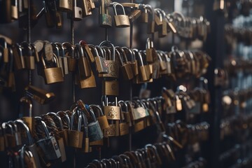 Obraz premium Padlocks Hanging On Wire, Generative AI