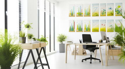 An office space with modern decor and natural light. In the center of the table sits a laptop displaying financial charts and graphs. Generative AI