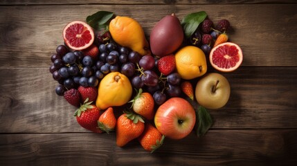 Fruits on wooden background in shape of heart