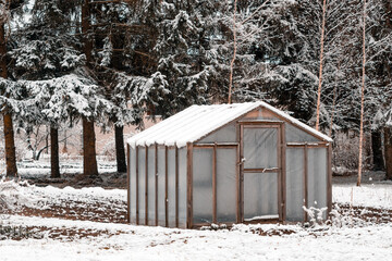 Wooden diy homemade greenhouse covered with polythene